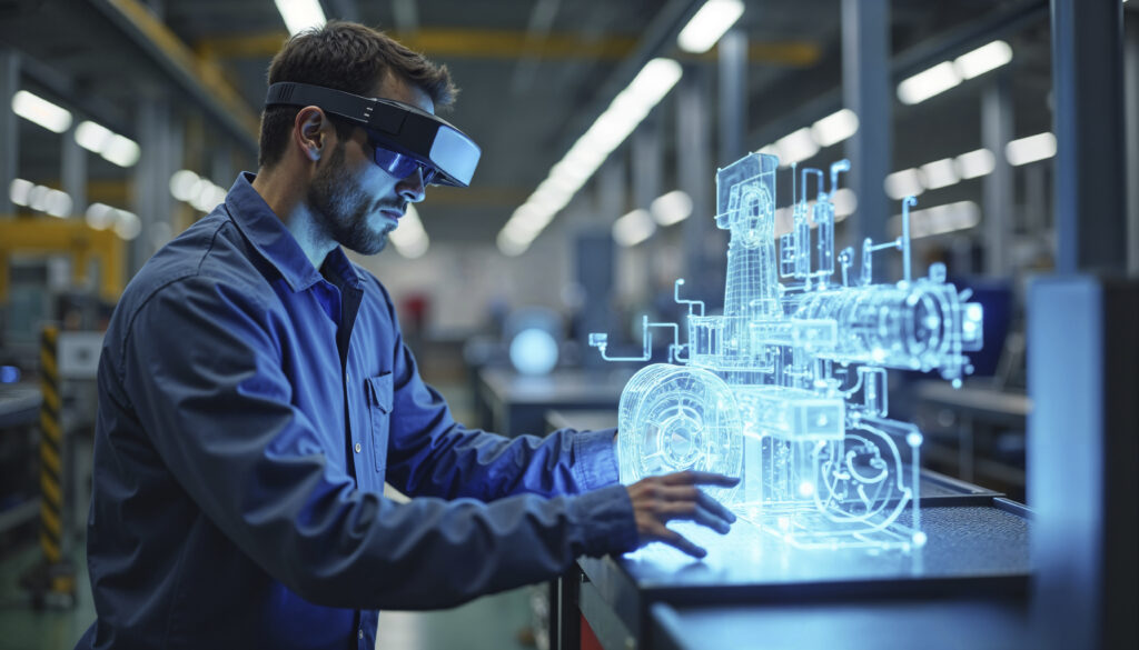 Operaio al lavoro con visore per la realtà aumentata