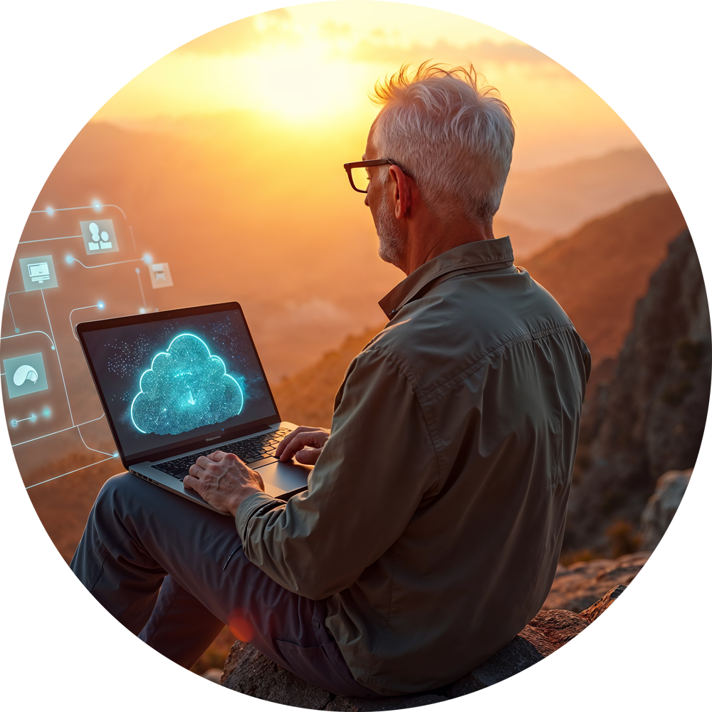 Uomo Tecnologico che lavora al tramonto