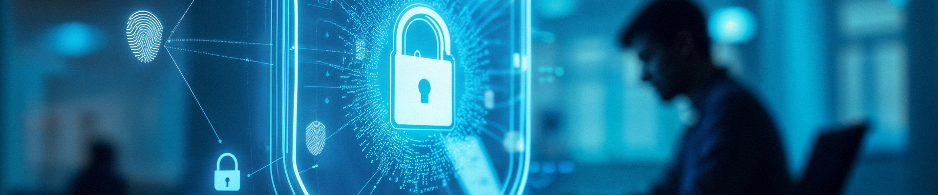 Immagine realizzata con l'Ia con un lucchetto in primo piano ed una persona al computer sullo sfondo